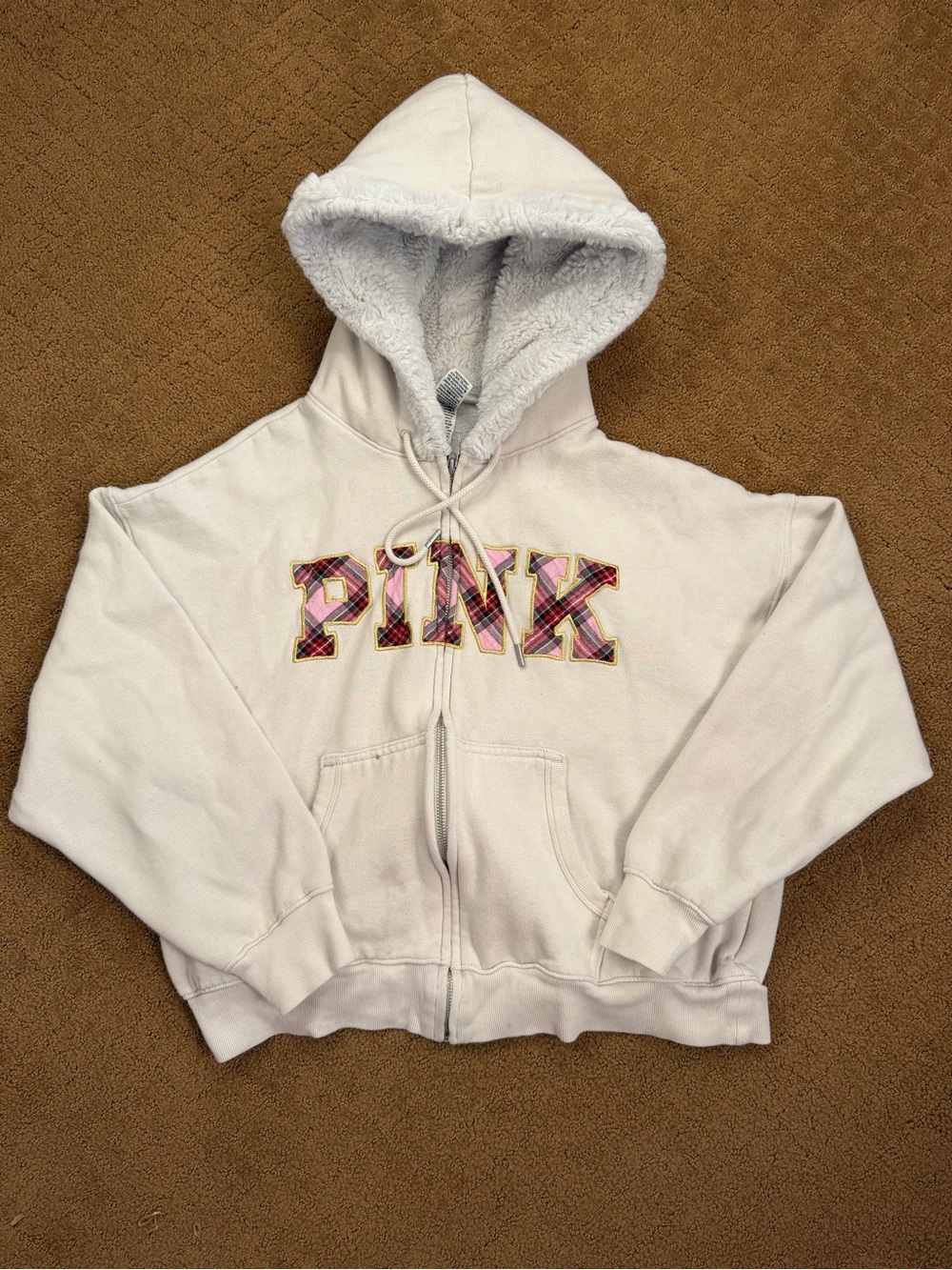 PINK Victoria’s Secret White Sherpa Lined Full Zip Hoodie Plaid Women’s Size M